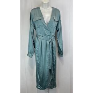 MABLE Satin Shirt Dress Belted Faux Wrap Long Sleeve Open Back Midi Blue Size S